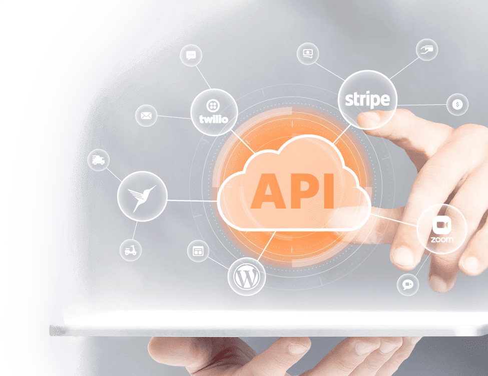 A guy holding a tablet that showing different API integration points